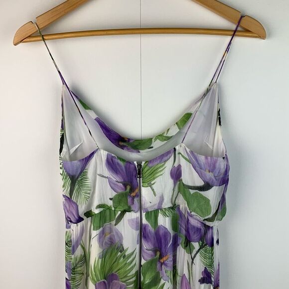 ALICE + OLIVIA White Purple Green Floral Print Cowl Neck Ruffle Slit Dress Sz 0 - Picture 8 of 13